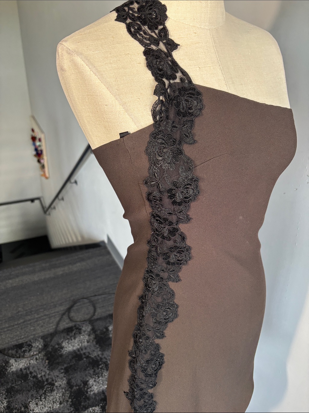 One-Shoulder Brown Dress With Black Floral Appliqu